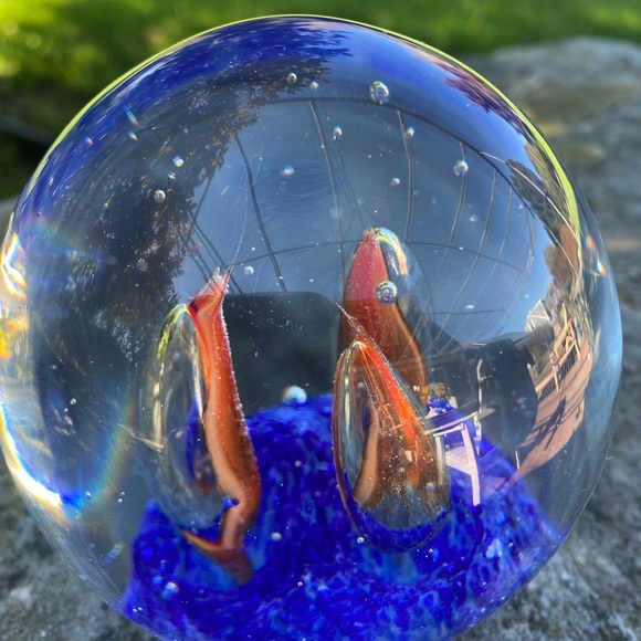 Hand blown glass paperweight with three sailboat sails Suspended in Ocean - Picture 6 of 9